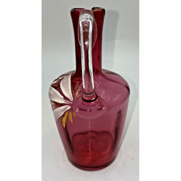 Vintage Victorian Cranberry Glass Jug W/Hand Painted White Flowers Gold Trim 7” - Picture 5 of 16